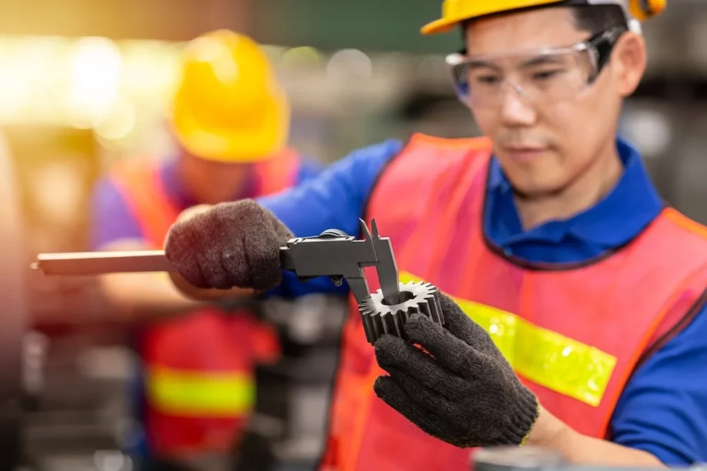 Kỹ sư QA/QC châu Á dùng thước cặp đo kích thước bánh răng trong nhà máy