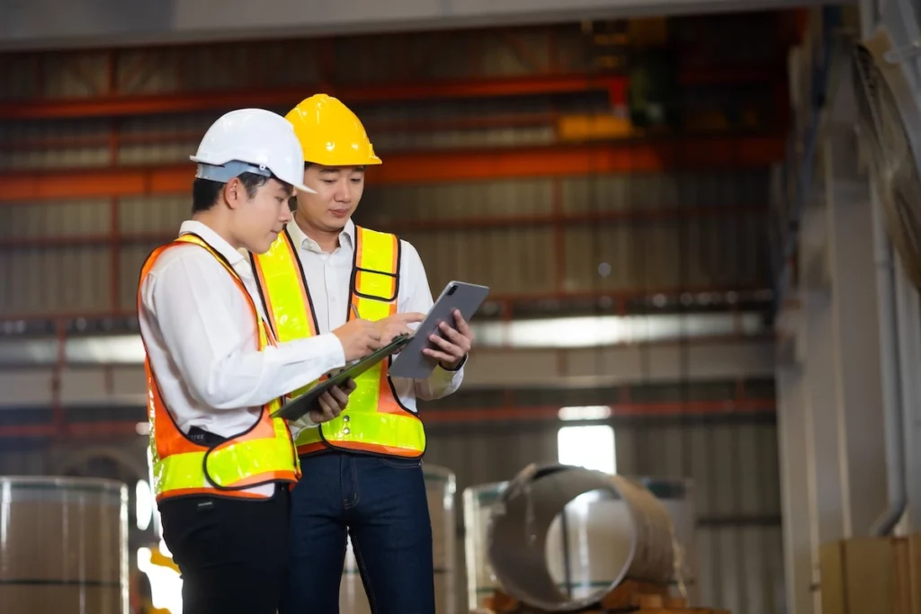 Hai kỹ sư trao đổi thông tin bằng máy tính bảng trong nhà máy