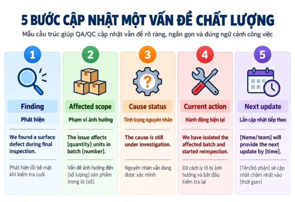 5 bước cập nhật một vấn đề chất lượng bằng tiếng Anh cho QA/QC
