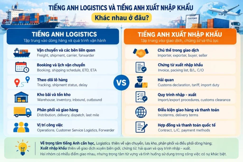 So sánh tiếng Anh Logistics và tiếng Anh Xuất nhập khẩu theo nhóm công việc
