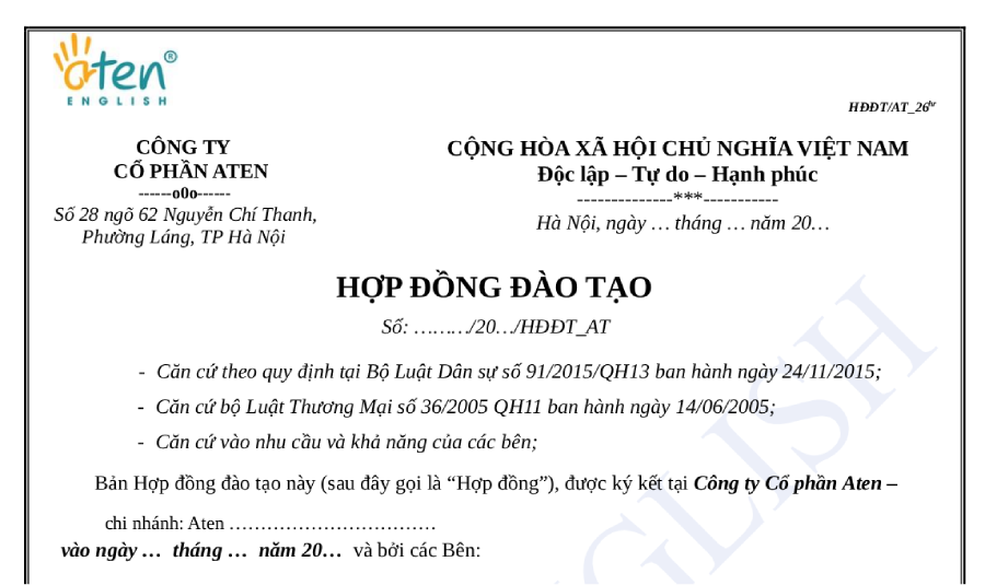 Trang đầu Hợp đồng đào tạo Aten